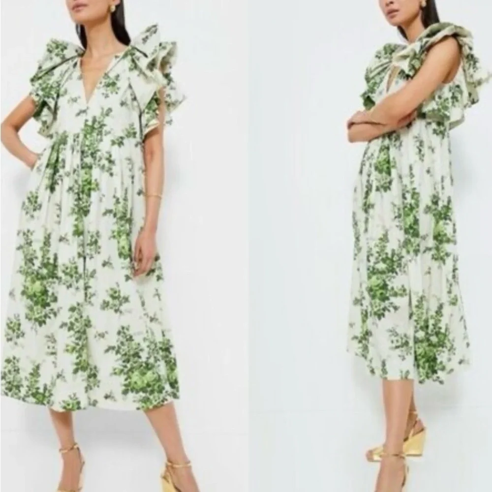Tuckernuck Green and White Floral Ruffle Midi Dress - Picture 2 of 6